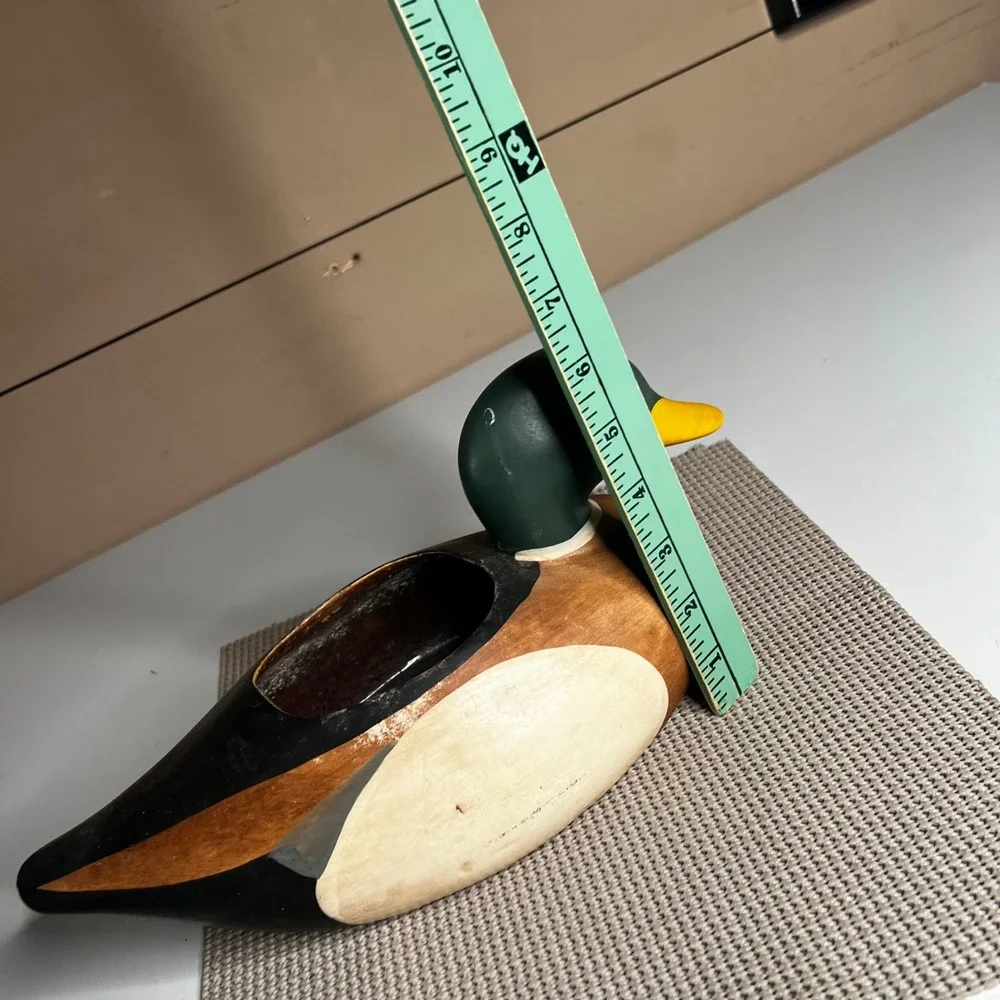 Vintage Hand Painted Wooden Mallard Duck Planter Decorative Bowl Rustic Cabin